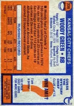 1976 Topps #336 - Woody Green - Kansas City Chiefs - Back 1976 Topps #336 - Woody Green - Kansas City Chiefs - Back