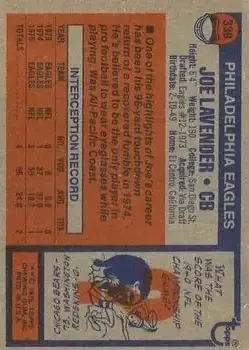 1976 Topps #339 - Joe Lavender - Philadelphia Eagles - Back