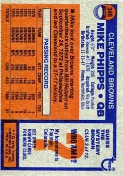 1976 Topps #346 - Mike Phipps - Cleveland Browns - Back