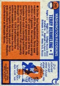 1976 Topps #349 - Terry Hermeling - Washington Redskins - Back