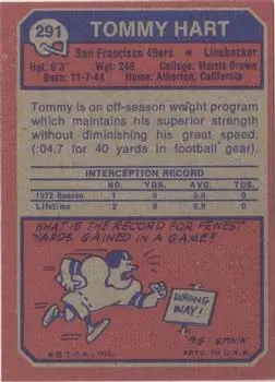 1973 Topps #291 - Tommy Hart - San Francisco 49ers - Back