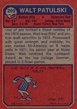 1973 Topps #293 - Walt Patulski - Buffalo Bills - Back