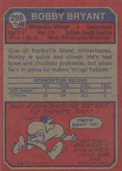 1973 Topps #298 - Bobby Bryant - Minnesota Vikings - Back
