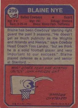 1973 Topps #299 - Blaine Nye - Dallas Cowboys - Back