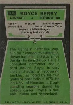 1975 Topps #334 - Royce Berry - Cincinnati Bengals - Back 1975 Topps #334 - Royce Berry - Cincinnati Bengals - Back