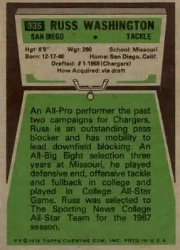 1975 Topps #335 - Russ Washington - San Diego Chargers - Back