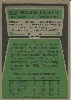 1975 Topps #336 - Walker Gillette - New York Giants - Back