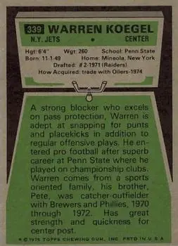 1975 Topps #339 - Warren Koegel - New York Jets - Back