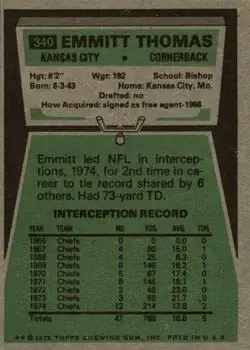 1975 Topps #340 - Emmitt Thomas - Kansas City Chiefs - Back