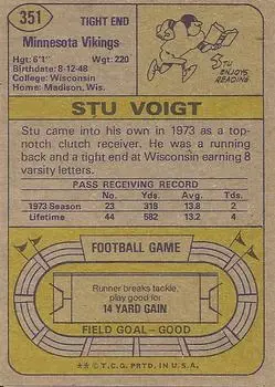 1974 Topps #351 - Stu Voigt - Minnesota Vikings - Back