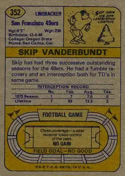 1974 Topps #352 - Skip Vanderbundt - San Francisco 49ers - Back