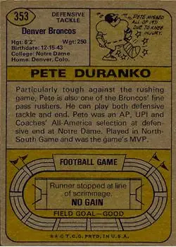 1974 Topps #353 - Pete Duranko - Denver Broncos - Back 1974 Topps #353 - Pete Duranko - Denver Broncos - Back