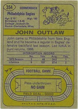 1974 Topps #354 - John Outlaw - Philadelphia Eagles