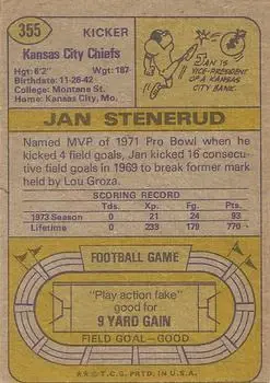 1974 Topps #355 - Jan Stenerud - Kansas City Chiefs - Back