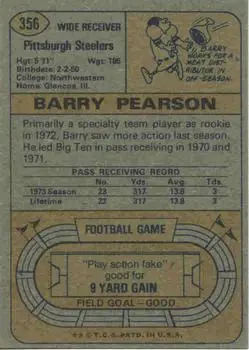 1974 Topps #356 - Barry Pearson - Pittsburgh Steelers - Back