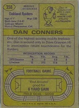 1974 Topps #358 - Dan Conners - Oakland Raiders - Back