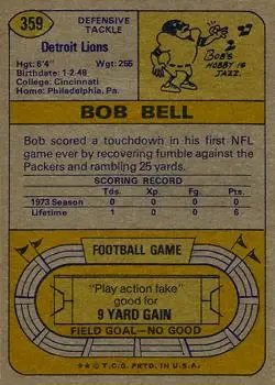 1974 Topps #359 - Bob Bell - Detroit Lions - Back 1974 Topps #359 - Bob Bell - Detroit Lions - Back