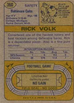 1974 Topps #360 - Rick Volk - Baltimore Colts - Back