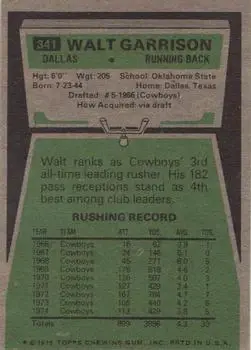 1975 Topps #341 - Walt Garrison - Dallas Cowboys - Back