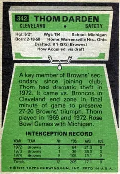 1975 Topps #342 - Thom Darden - Cleveland Browns - Back