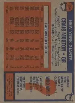 1976 Topps #354 - Craig Morton - New York Giants - Back