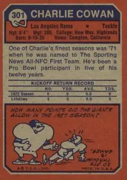 1973 Topps #301 - Charlie Cowan - Los Angeles Rams - Back