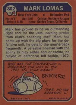 1973 Topps #302 - Mark Lomas - New York Jets - Back