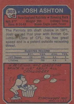 1973 Topps #303 - Josh Ashton - New England Patriots - Back
