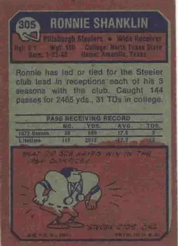 1973 Topps #305 - Ronnie Shanklin - Pittsburgh Steelers - Back