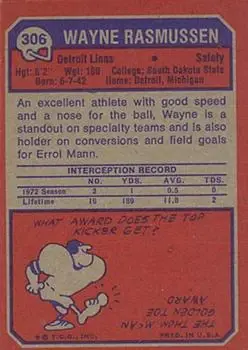 1973 Topps #306 - Wayne Rasmussen - Detroit Lions - Back