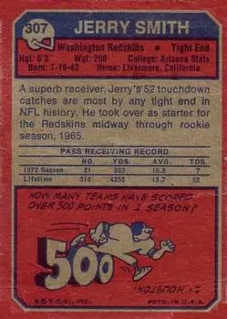 1973 Topps #307 - Jerry Smith - Washington Redskins - Back