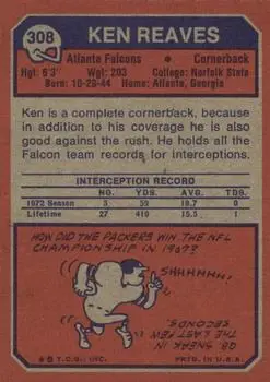 1973 Topps #308 - Ken Reaves - Atlanta Falcons - Back