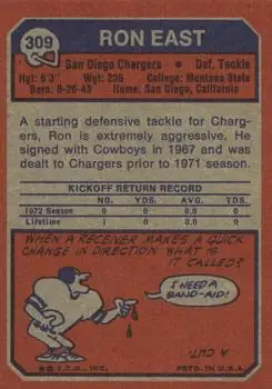 1973 Topps #309 - Ron East - San Diego Chargers - Back 1973 Topps #309 - Ron East - San Diego Chargers - Back