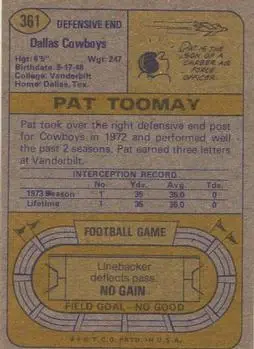 1974 Topps #361 - Pat Toomay - Dallas Cowboys - Back