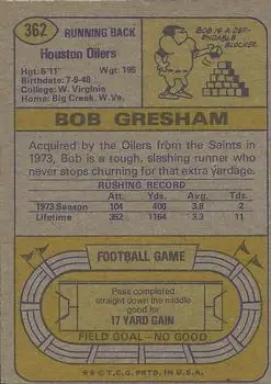 1974 Topps #362 - Bob Gresham - Houston Oilers - Back