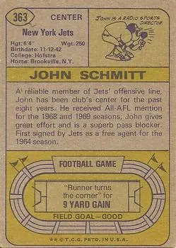 1974 Topps #363 - John Schmitt - New York Jets - Back 1974 Topps #363 - John Schmitt - New York Jets - Back