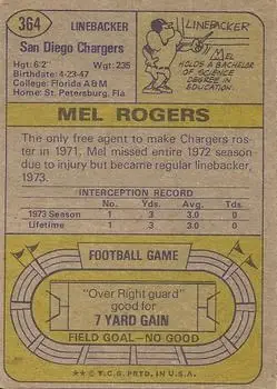 1974 Topps #364 - Mel Rogers - San Diego Chargers - Back