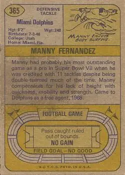 1974 Topps #365 - Manny Fernandez - Miami Dolphins - Back