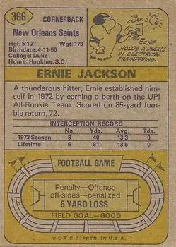 1974 Topps #366 - Ernie Jackson - New Orleans Saints - Back