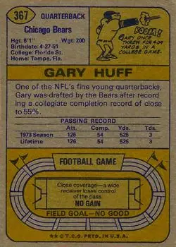 1974 Topps #367 - Gary Huff - Chicago Bears - Back