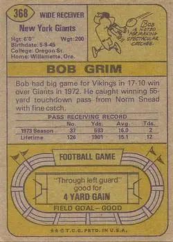 1974 Topps #368 - Bob Grim - New York Giants - Back