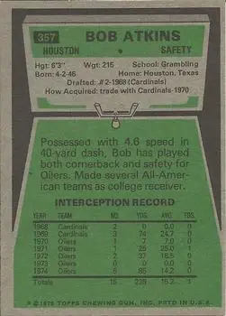 1975 Topps #357 - Bob Atkins - Houston Oilers - Back