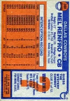 1976 Topps #368 - Mel Renfro - Dallas Cowboys - Back