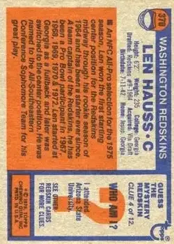 1976 Topps #370 - Len Hauss - Washington Redskins - Back 1976 Topps #370 - Len Hauss - Washington Redskins - Back