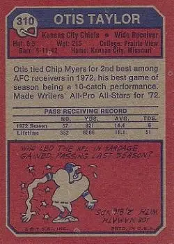 1973 Topps #310 - Otis Taylor - Kansas City Chiefs - Back