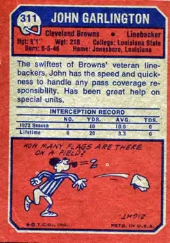 1973 Topps #311 - John Garlington - Cleveland Browns - Back 1973 Topps #311 - John Garlington - Cleveland Browns - Back