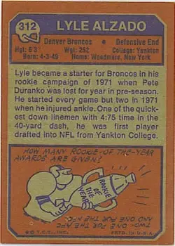 1973 Topps #312 - Lyle Alzado - Denver Broncos - Back 1973 Topps #312 - Lyle Alzado - Denver Broncos - Back