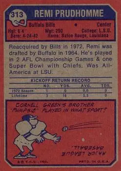 1973 Topps #313 - Remi Prudhomme - Buffalo Bills - Back