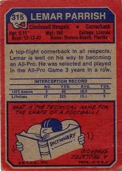 1973 Topps #315 - Lemar Parrish - Cincinnati Bengals - Back