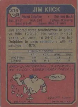 1973 Topps #316 - Jim Kiick - Miami Dolphins - Back
